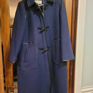 J CREW SZ 10 Navy Blue Leather Trim Full Length Winter Coat